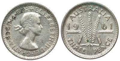 Австралия 3 пенса 1961 m, Елизавета II (1952-2022) KM 57 серебро 71-668