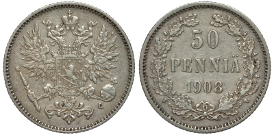 Россия для Финляндии 50 пенни 1908 L, Николай II (1894-1917) КМ 2.2, Биткин 403 серебро 75-838