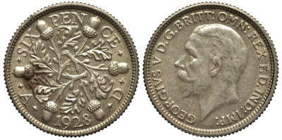 Великобритания 6 пенсов 1928 Георг V (1910-1936) KM 832, Spink 4040 серебро 4538-324