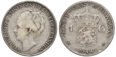 Нидерландское Кюрасао 1 гульден 1944 D, Вильгельмина (1890-1948) KM 45 серебро 36-232