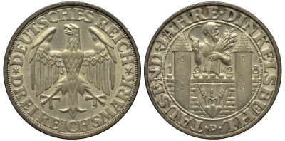 Германия 3 марки 1928 D, 1000 летие основания Динкельсбюля J. 334, KM 59 серебро UNC 10-005-62