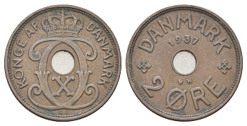 Дания 2 эре 1937 N, Кристиан X (1912-1947) KM 827 бронза 4701-847