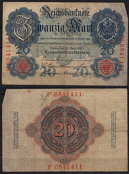 Германия 20 марок 1910 Pick 40 b бумага 6293-36-2-1