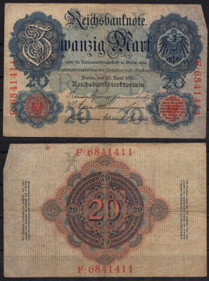 Германия 20 марок 1910 Pick 40 b бумага 6293-36-2-1