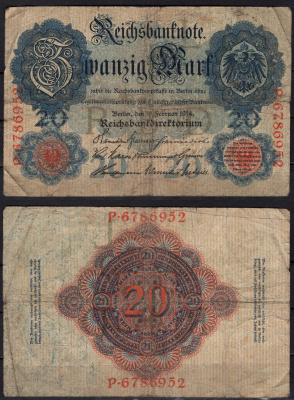 Германия 20 марок 1914 Pick 46b бумага 8592-33-1-1