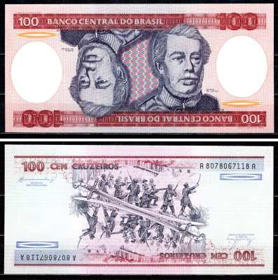 Бразилия 100 крузейро ND (1981-1984) серия А 8078, Герцог Каксиас Pick 198 b бумага UNC (пресс) 7554-15-1-1