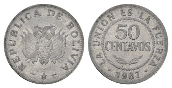 Боливия 50 сентаво 1987 KM 204 нержавеющая сталь 68-547