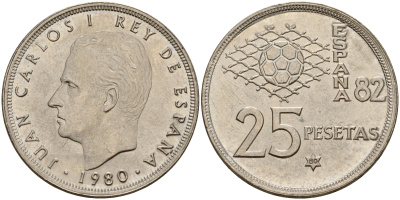 Испания 25 песет 1980 (80), чемпионат мира по футболу, Испания 82 KM 818 медно-никель 4597-144