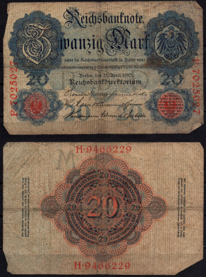 Германия 20 марок 1910 Pick 40 b бумага 6293-33-2-2