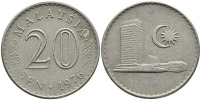 Малайзия 20 сенов 1976 здание Парламента KM 4 медно-никель 4395-657