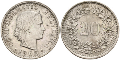 Швейцария 20 раппенов 1969 B KM 29a медно-никель    4161-655