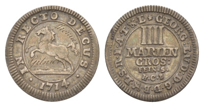 Брауншвейг-Каленберг-Ганновер 4 мариенгроша 1714 HCB, Георг I (1698-1727), из коллекции Ричарда Б. Смита Welter 2197, KM 33 серебро 1525-644
