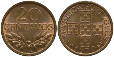 ПОРТУГАЛИЯ 20 СЕНТАВО 1970 KM 595 бронза 218-1113