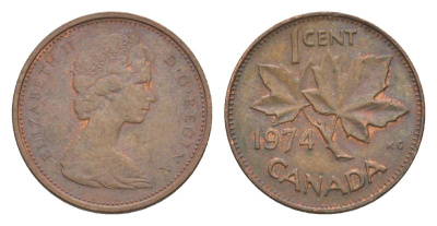 Канада 1 цент 1974 Елизавета II (1952-2022), кленовый лист KM 59 бронза 4630-553