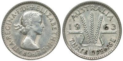 Австралия 3 пенса 1963 m, Елизавета II (1952-2022) KM 57 серебро 71-949