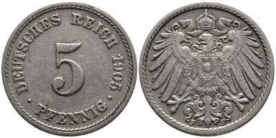 ГЕРМАНИЯ 5 ПФЕННИГОВ 1905 F KM 11, Jager 12, Weege 6 медно-никель 4547-446