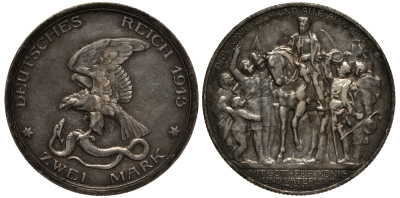 Пруссия 2 марки 1913 A, Вильгельм II (1888-1918), 100 лет победы над Наполеоном J.109, Weege 109, KM 532 серебро 3711-921