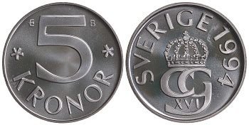 Швеция 5 крон 1994 B, Карл XVI Густав (1973- ) KM 853a медно-никель PROOFLIKE 4683-1016