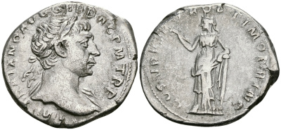 Римская Империя денарий 103 - 111 Траян COS V PP SPQR OPTIMO PRINC Фелицитата, персонификация Счастья Рим Very fine RIC 120 серебро 1073-4-4-2
