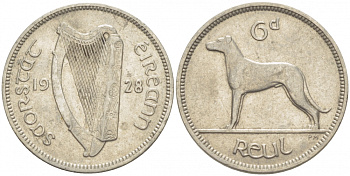 Ирландия 6 пенсов 1928 собака, ирландский волкодав KM 5 никель 213-932