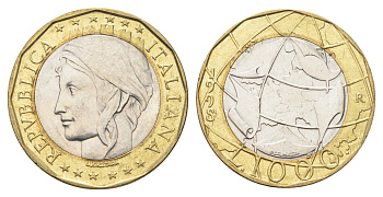 Италия 1000 лир 1998 R, карта европы KM 194 биметалл 4704-1026
