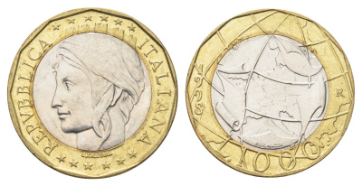 Италия 1000 лир 1998 R, карта европы KM 194 биметалл 4704-1026