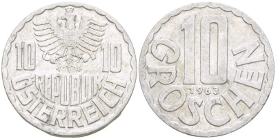 Австрия 10 грошей 1963 KM 2878 алюминий 4523-224