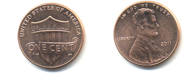 США 1 ЦЕНТ 2011 ЛИНКОЛЬН, ЩИТ KM 469 цинк плакированный медью 86-357