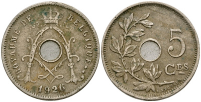 Бельгия 5 сантимов 1926 Belgique KM 66 медно-никель 4136-511