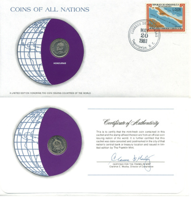 Гондурас 20 сентаво 1973 конверт с маркой первого дня гашения, Coins of Nations KM 81 медно-никель UNC 4294-62-1