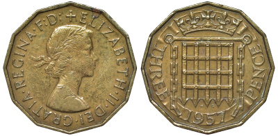 Великобритания 3 пенса 1957 Елизавета II (1952-2022) KM 900, Spink 4153 никель латунь 4122-931