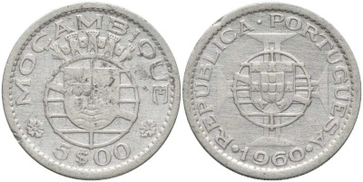Португальский Мозамбик 5 эскудо 1960 КМ 84 серебро 202-452