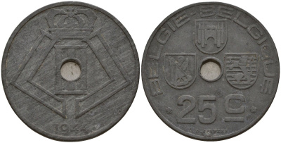 Бельгия 25 сантимов 1944 Belgie - Belgique, Леопольд III (1934-1947), германская оккупация, Вторая мировая война KM 132 цинк 4157-616