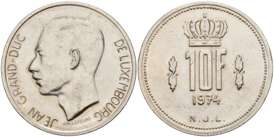 Люксембург 10 франков 1974 Великий герцог Жан (1964-1999) KM 57 никель 4150-933