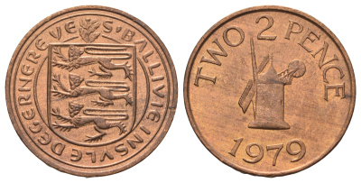Гернси 2 пенса 1979 Елизавета II (1952-2022), ветряная мельница KM 28 бронза aUNC 4666-426