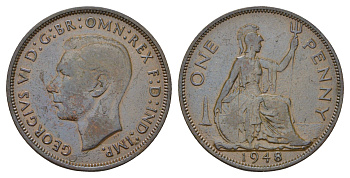 Великобритания 1 пенни 1948 Георг VI (1936-1952) КМ 845, Spink 4114 бронза 4111-626