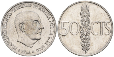 Испания 50 сентимо 1966 (67) Франсиско Франко (1939-1975) KM 795 алюминий 4398-1041