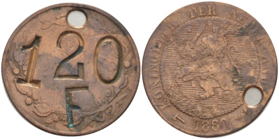 НИДЕРЛАНДЫ ЖЕТОН 1880 НАДЧЕКАНКА НА 2 1/2 ЦЕНТАХ 120 F, С ОТВЕРСТИЕМ ДЛЯ НОШЕНИЯ бронза 31-1255