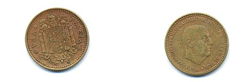 ИСПАНИЯ 1 ПЕСЕТА 1966 (68) ХУАН КАРЛОС I (1975-) KM 796 алюминиевая бронза 54-543