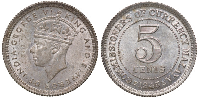 Британская Малайя 5 центов 1945 Георг VI (1937-1952) KM 3a серебро 53-163