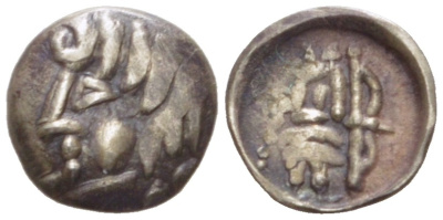 Древняя Греция, Скифия обол 250 - 130 гг. до н.э. Согдиана, Скифская Даха, голова/лучник, 0,34 гр MACW 350 серебро 1073-11-74