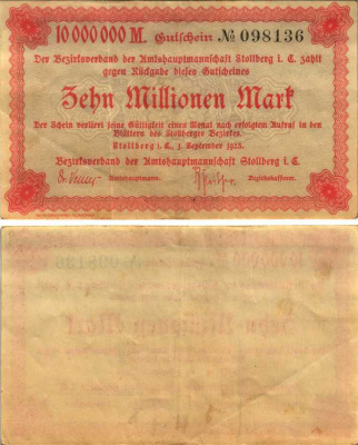 ШТОЛЬБЕРГ 10000000 МАРОК 1923 НОТГЕЛЬД, 1 СЕНТЯБРЯ 1923, ЗЕМЛЯ САКСОНИЯ-АНХАЛЬТ бумага 6318-32-2-2