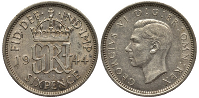 Великобритания 6 пенсов 1944 Георг VI (1936-1952) KM 852, Spink 4084 серебро 4538-534