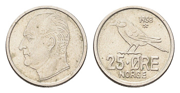 Норвегия 25 эре 1958 Улаф V (1957-1991) KM 407 медно-никель UNC 4705-845