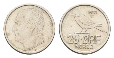 Норвегия 25 эре 1958 Улаф V (1957-1991) KM 407 медно-никель UNC 4705-845