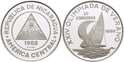 Никарагуа 50 кордоба 1988 XXIV ЛЕТНИЕ ОЛИМПИЙСКИЕ ИГРЫ В СЕУЛЕ 1988 ГОДА, РЕГАТА, ЯХТА KM 62 серебро PROOF 00-00