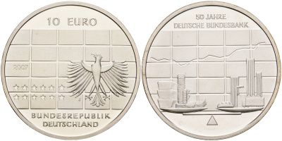 ФРГ 10 евро 2007 J, 50 лет Бундесбанку KM 266, DE.S. 10.32 серебро PROOF 1076-3-72