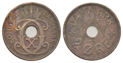 Дания 2 эре 1936 N, Кристиан X (1912-1947) KM 827 бронза 4701-839