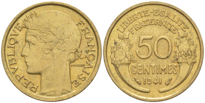ФРАНЦИЯ 50 САНТИМОВ 1941 ТИП MORLON KM 894.1, LE FRANC 192.18 алюминиевая бронза 44-517