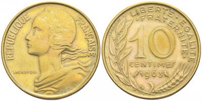 ФРАНЦИЯ 10 САНТИМОВ 1963 ТИП MARIANE KM 929, LE FRANC 144.3 алюминиевая бронза 44-961